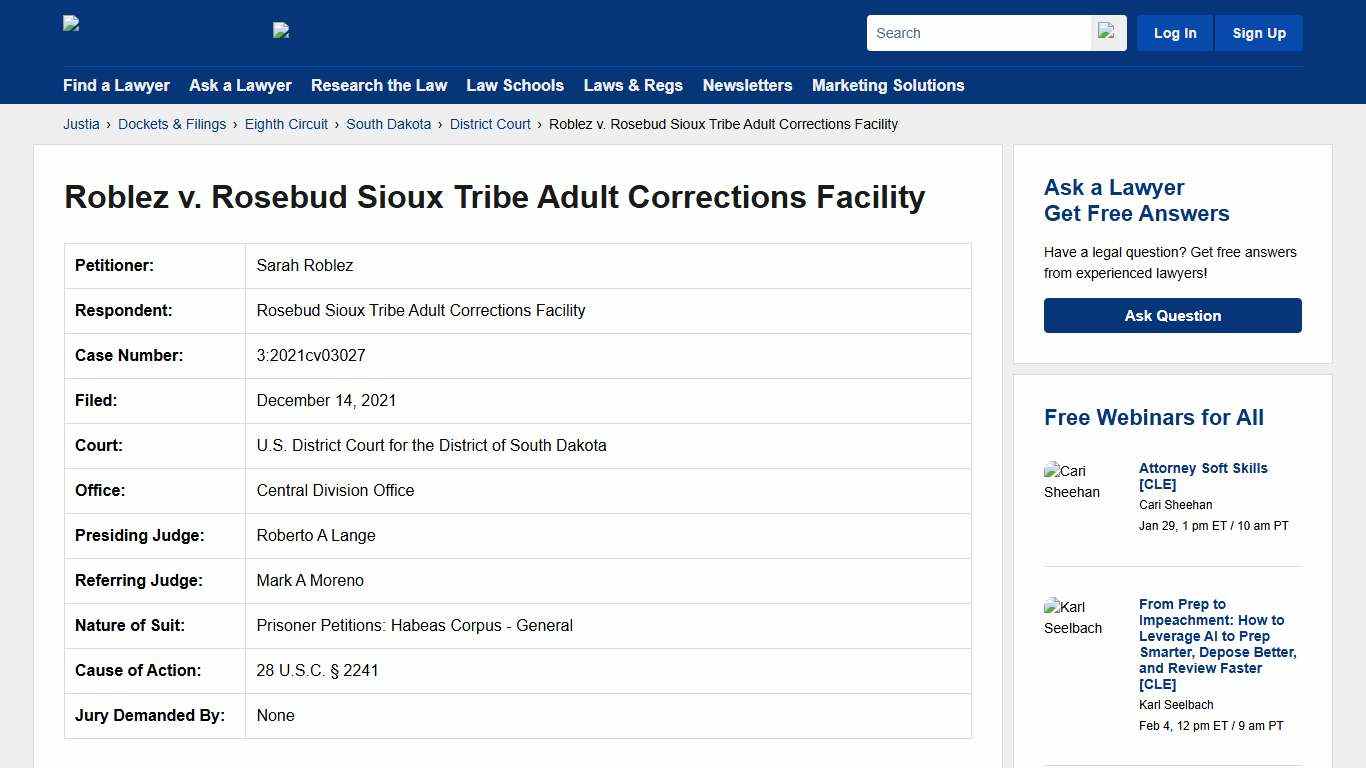 Roblez v. Rosebud Sioux Tribe Adult Corrections Facility 3:2021cv03027 U.S. District Court for the District of South Dakota Justia